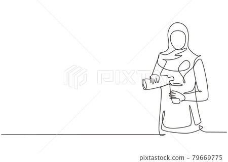 Continuous one line drawing beautiful Arabian woman pouring orange juice into glass from bottle while having breakfast at home. Healthy lifestyle. Single line draw design vector graphic illustration 79669775