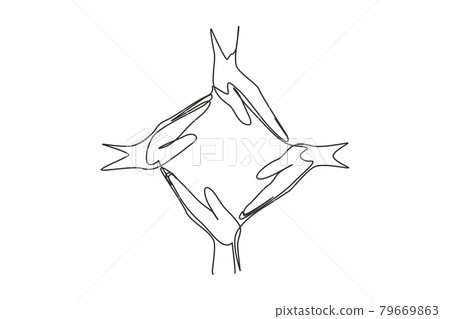 Continuous one line drawing four palm hands make square frame shape. Symbol of care, unity, sharing, trust. Communication with hand gestures. Single line draw design vector graphic illustration 79669863