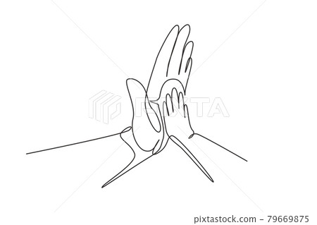 Single continuous line drawing father and child making hi-five gesture. Little baby have bonding with his father. Hero father and family pride. Dynamic one line draw graphic design vector illustration 79669875