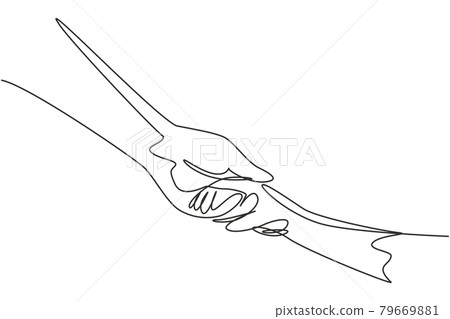Continuous one line drawing father giving hand to a child. Childhood with family. Boy have bonding with his father. Hero father and family pride. Single line draw design vector graphic illustration Continuous one line drawing father giving hand to a child. Childhood with family. Boy have bonding with his father. Hero father and family pride. Single line draw design vector graphic illustration 79669881