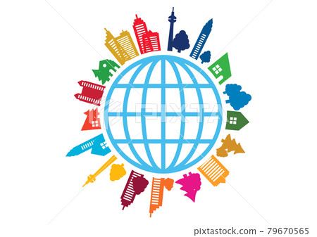 SDGs-永續發展目標城市景觀和地球輪廓圖像標誌 79670565