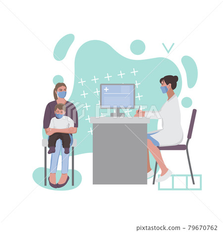 A woman with a child at a doctor appointment. Composition with abstract elements 79670762