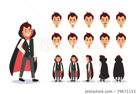 Little Boy in count dracula Vampire costume for Halloween festival.trick or treat. Front, side, back view animated character.Vector Character creation set, Cartoon style, flat vector illustration. 79671153