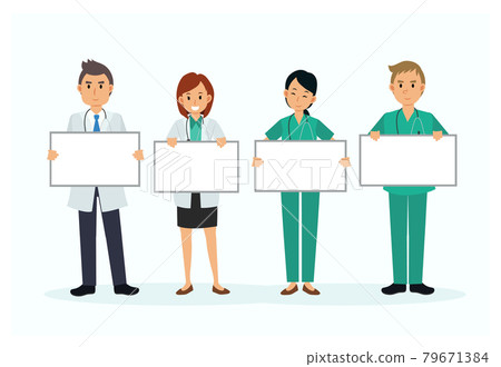 Set of doctor cartoon character hold blank sign banner. vector illustration. Flat style medical character. 79671384