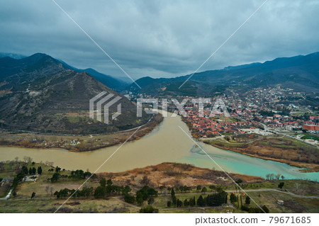 Amazing natural landscape. The confluence of two rivers in the city of Mtskheta in Georgia 79671685