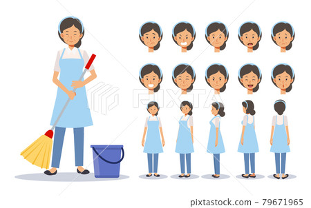 Vector illustration set of old lady is a housekeeper,cleaner in various action. emotion expression. Front, side, back view animated character. 79671965