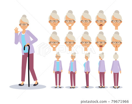 Flat Vector illustration set of old lady ,Front, side, back view . emotion expression. animated character. 79671966