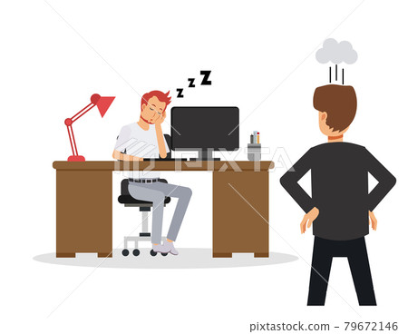 Illustration of  Businessman slack off work, take a nap. employee sleeping at work desk in the office. Manager is angry when saw that. Vector business concept 79672146