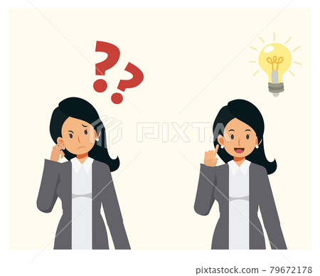 Woman is thinking with question marks. then have some idea pop out.Problem solving concepts. Cartoon vector illustration. Woman is thinking with question marks. then have some idea pop out.Problem solving concepts. Cartoon vector illustration. 79672178