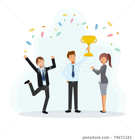 Successful businessman holding a trophy surrounding by Colleagues who came to congratulate. Flat vector cartoon character illustration. 79672181