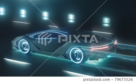 3d render Sports cyber neon car rushes on the night road with neon lights 3d render Sports cyber neon car rushes on the night road with neon lights 79673526