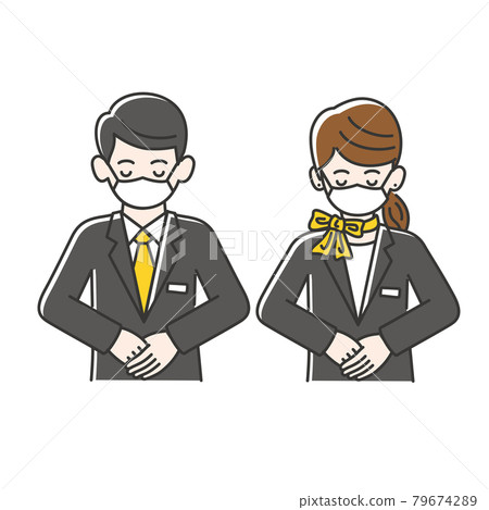 Male and female guide staff wearing suits and masks bowing Male and female guide staff wearing suits and masks bowing 79674289