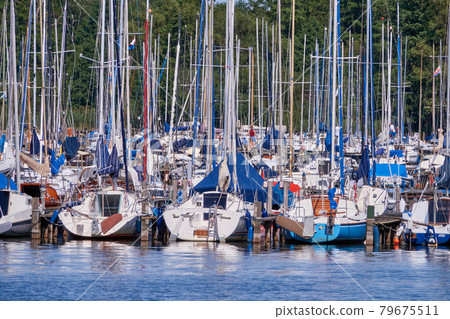 Many small sailing boats with masts without rigging anchor at a landing stage in the harbour of the big lake 79675511