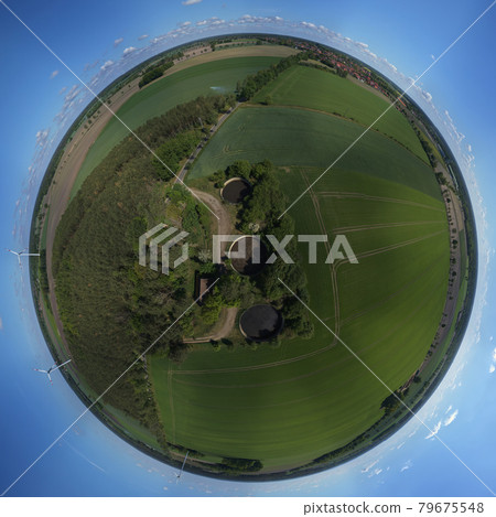 Little Planet, Spherical 360 degrees seamless panorama view in Spherical projection of a field and meadows with slurry tanks Little Planet, Spherical 360 degrees seamless panorama view in Spherical projection of a field and meadows with slurry tanks 79675548