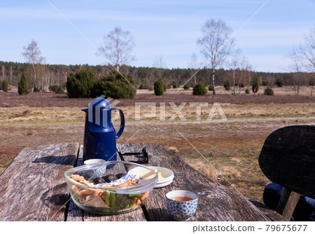 Picnic in the heath on a rustic wooden table Picnic in the heath on a rustic wooden table 79675677