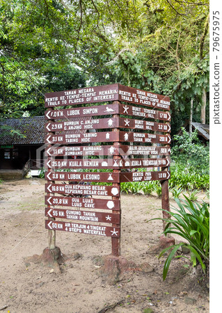 Directional milespost signage of attraction at Taman Negara National Park, Pahang Directional milespost signage of attraction at Taman Negara National Park, Pahang 79675975