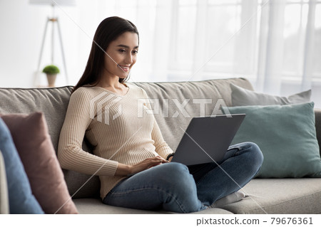 Work from home remotely, freelance, new normal and surfing in social networks, play game and chat in internet 79676361