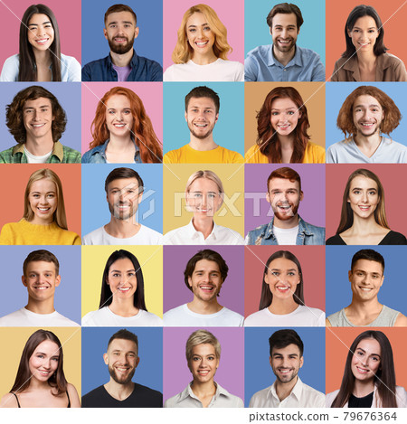 Joyful multiethnic young people portraits, set of photos 79676364