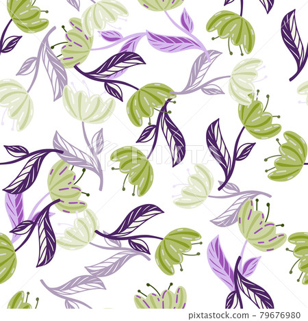Decorative botanic seamless pattern with doodle green and purple poppy flowers print. Isolated floral backdrop. 79676980