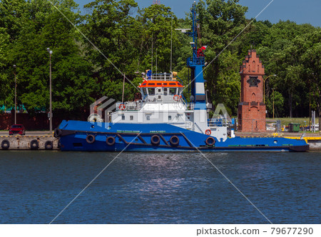Swinoujscie. Marine ship at the city embankment. Swinoujscie. Marine ship at the city embankment. 79677290
