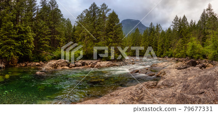 Panoramic View of the river in the Canadian Mountain Landscape 79677331
