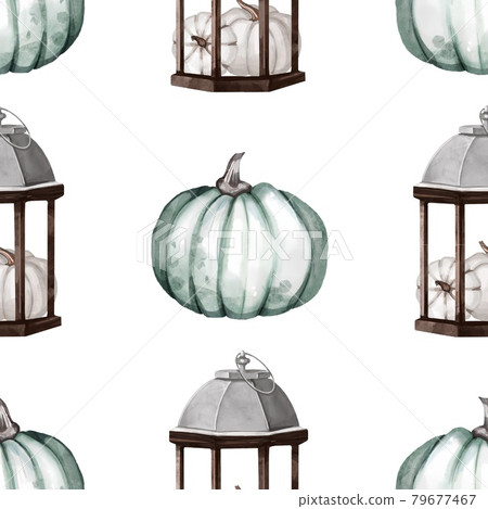 Seamless watercolor pattern with green, white end rose pumpkins and autumn leaves. Design for wrapping paper decoration, background Seamless watercolor pattern with green, white end rose pumpkins and autumn leaves. Design for wrapping paper decoration, background 79677467