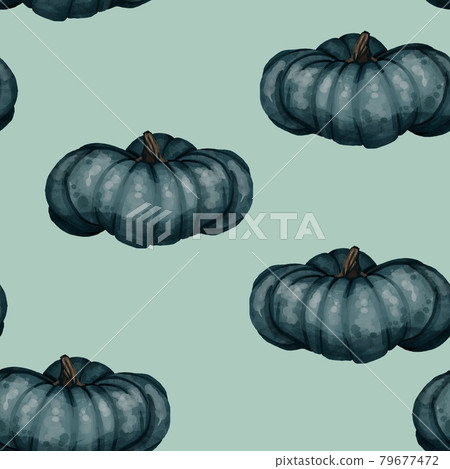 Seamless watercolor pattern with green, white end rose pumpkins and autumn leaves. Design for wrapping paper decoration, background Seamless watercolor pattern with green, white end rose pumpkins and autumn leaves. Design for wrapping paper decoration, background 79677472