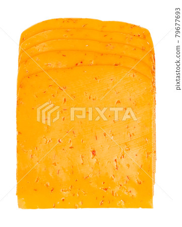 Chili cheese slices. Stack of sliced cheddar for cheeseburgers, made of pasteurized milk and flakes of red chilies. Dairy product. Orange color. Close-up, from above, isolated, over white, food photo. 79677693