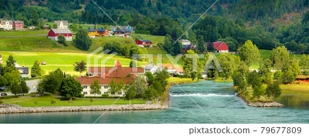 Norway fjord village summer landscape Norway fjord village summer landscape 79677809