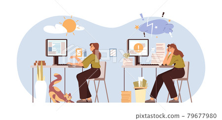 Flat office woman at work with high and low energy level Flat office woman at work with high and low energy level 79677980