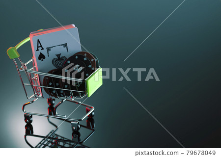Casino chips in a shopping basket on a dark background with reflection Casino chips in a shopping basket on a dark background with reflection 79678049