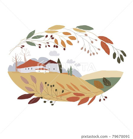 Cute Cartoon Landscape with Little Village and Colorful Wreath 79678091