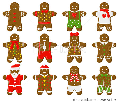 Holiday gingerbread man. Christmas traditional treats, delish gingerbread man cookies cartoon vector illustration set. Xmas gingerbread man biscuits Holiday gingerbread man. Christmas traditional treats, delish gingerbread man cookies cartoon vector illustration set. Xmas gingerbread man biscuits 79678116