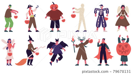 Kids in halloween costumes. Boys and girls wearing spooky outfits, vampire, angel and skeleton vector illustration set. Cute children celebrating halloween 79678131