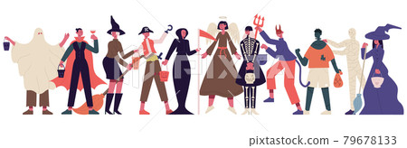 Halloween party characters. Celebrating people in halloween costumes, halloween spooky outfits party vector illustration. Trick or treat characters Halloween party characters. Celebrating people in halloween costumes, halloween spooky outfits party vector illustration. Trick or treat characters 79678133