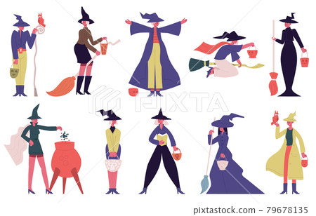Witch characters. Female halloween characters in witch spooky costumes isolated vector illustration set. Halloween party cute witches Witch characters. Female halloween characters in witch spooky costumes isolated vector illustration set. Halloween party cute witches 79678135