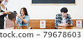 Asian woman order food, use smartphone scan QR code for menu, social distancing sign concept 79678603