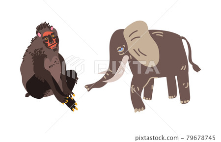 Elephant with Tusks and Monkey as African Animal Vector Set 79678745