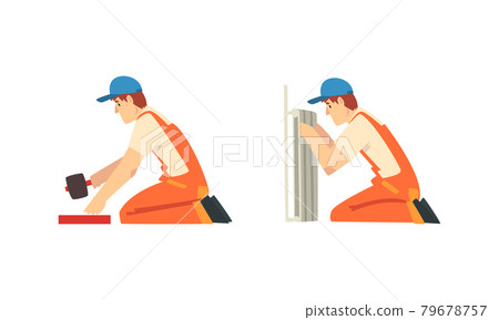 Man Worker in Orange Overall and Blue Cap Hammering and Installing Heating Radiator Vector Set Man Worker in Orange Overall and Blue Cap Hammering and Installing Heating Radiator Vector Set 79678757