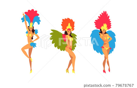 Bright Brazilian Female Samba Dancer Posing in Feathered Costume Vector Set Bright Brazilian Female Samba Dancer Posing in Feathered Costume Vector Set 79678767