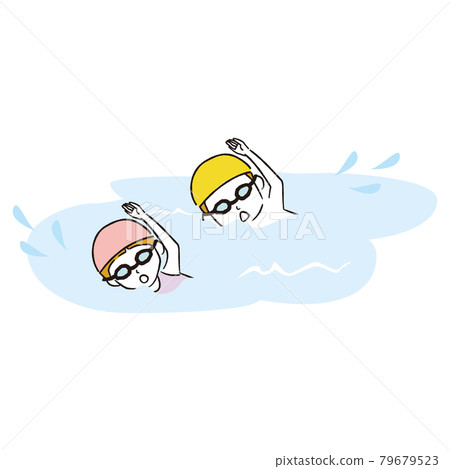 手寫線描彩色插畫線畫男孩女孩游泳 手寫線描彩色插畫線畫男孩女孩游泳 79679523