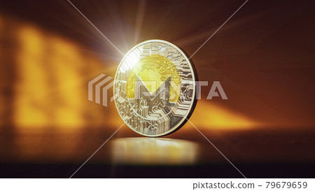 Monero icon. Gold Crypto currency BTC Bitcoin on black background. Golden Bit Coin virtual cryptocurrency or blockchain technology. Trading on the cryptocurrency exchange. 79679659
