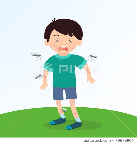 Inflammation from a mosquito bite on a child's skin, fright and an allergic reaction. Cartoon characters Inflammation from a mosquito bite on a child's skin, fright and an allergic reaction. Cartoon characters 79679904
