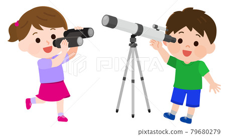 Boy looking through a telescope, girl looking through binoculars, illustration 79680279