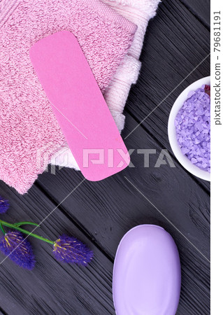 Vertical shot soap with towel and copy space. Vertical shot soap with towel and copy space. 79681191