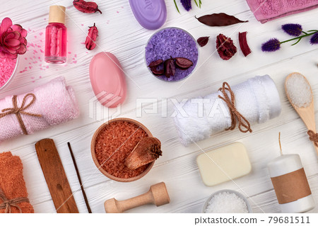 Bath body care spa accessories on white wooden desk. Bath body care spa accessories on white wooden desk. 79681511