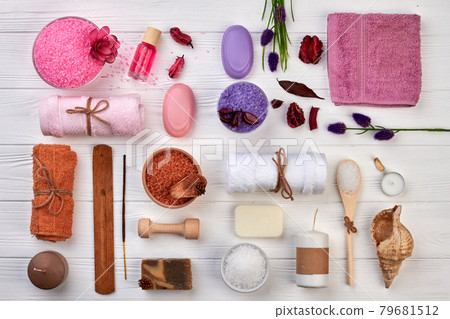Bath and spa accessories on white desk flat lay. Bath and spa accessories on white desk flat lay. 79681512