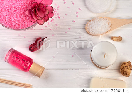 Flat lay various bath spa accessories on white wooden table. Flat lay various bath spa accessories on white wooden table. 79681544