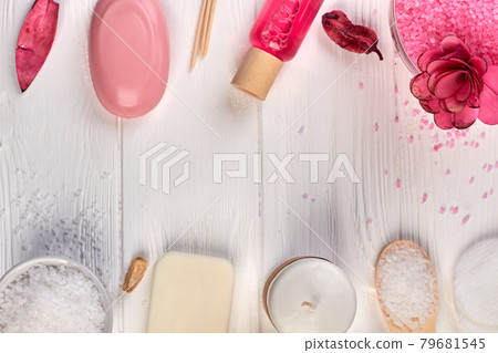 Stuff for bath and spa on white wooden table. Stuff for bath and spa on white wooden table. 79681545