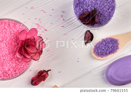 Set of spa accessories for bath on white wooden desk. 79681555